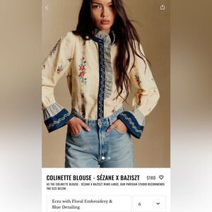 Sezane Cream Blouse with Red and Blue Floral Embroidery